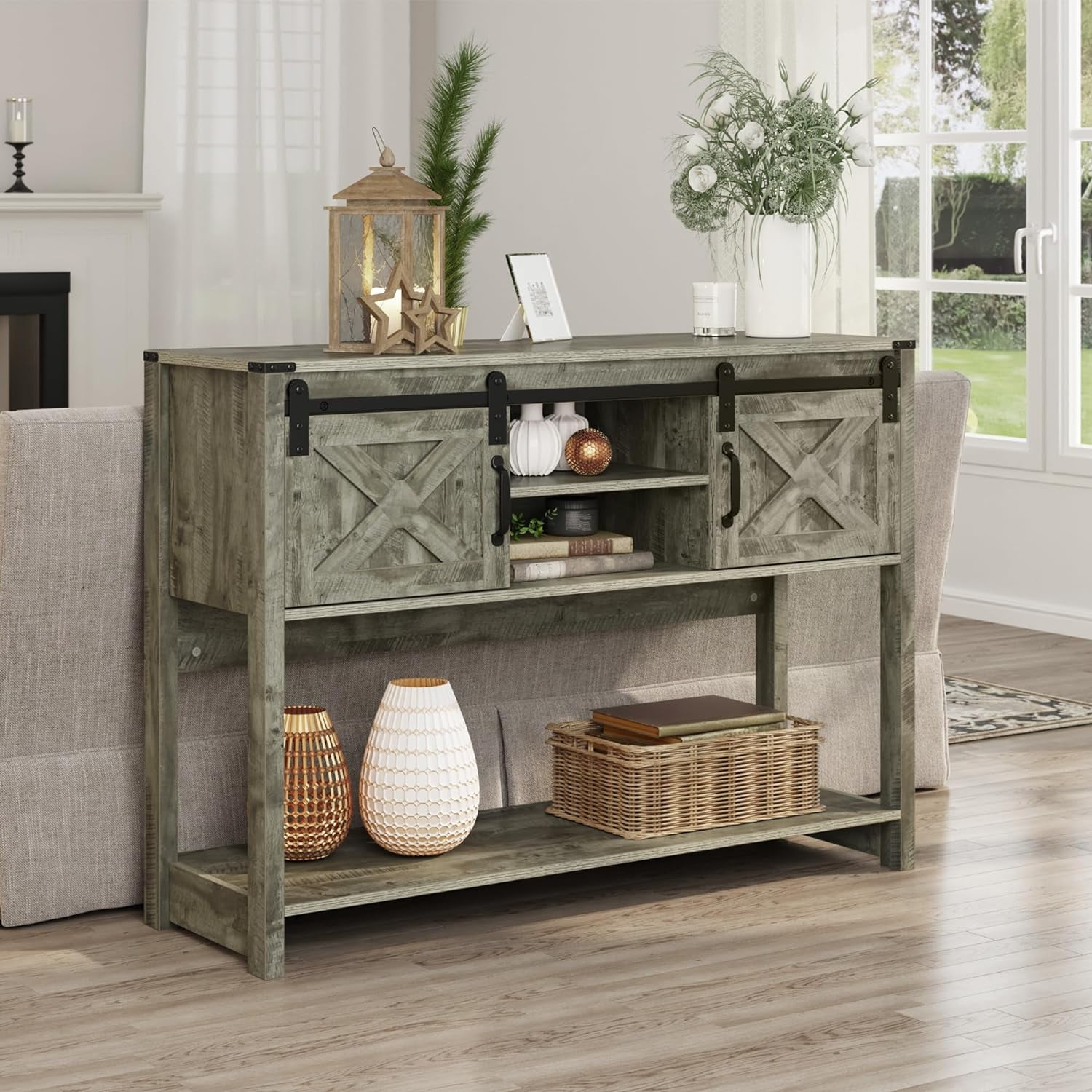 CozyHom Farmhouse Console Table with Storages\u0026Shelves, Side Entryway Table With Sliding Barn Doors, Light Gray